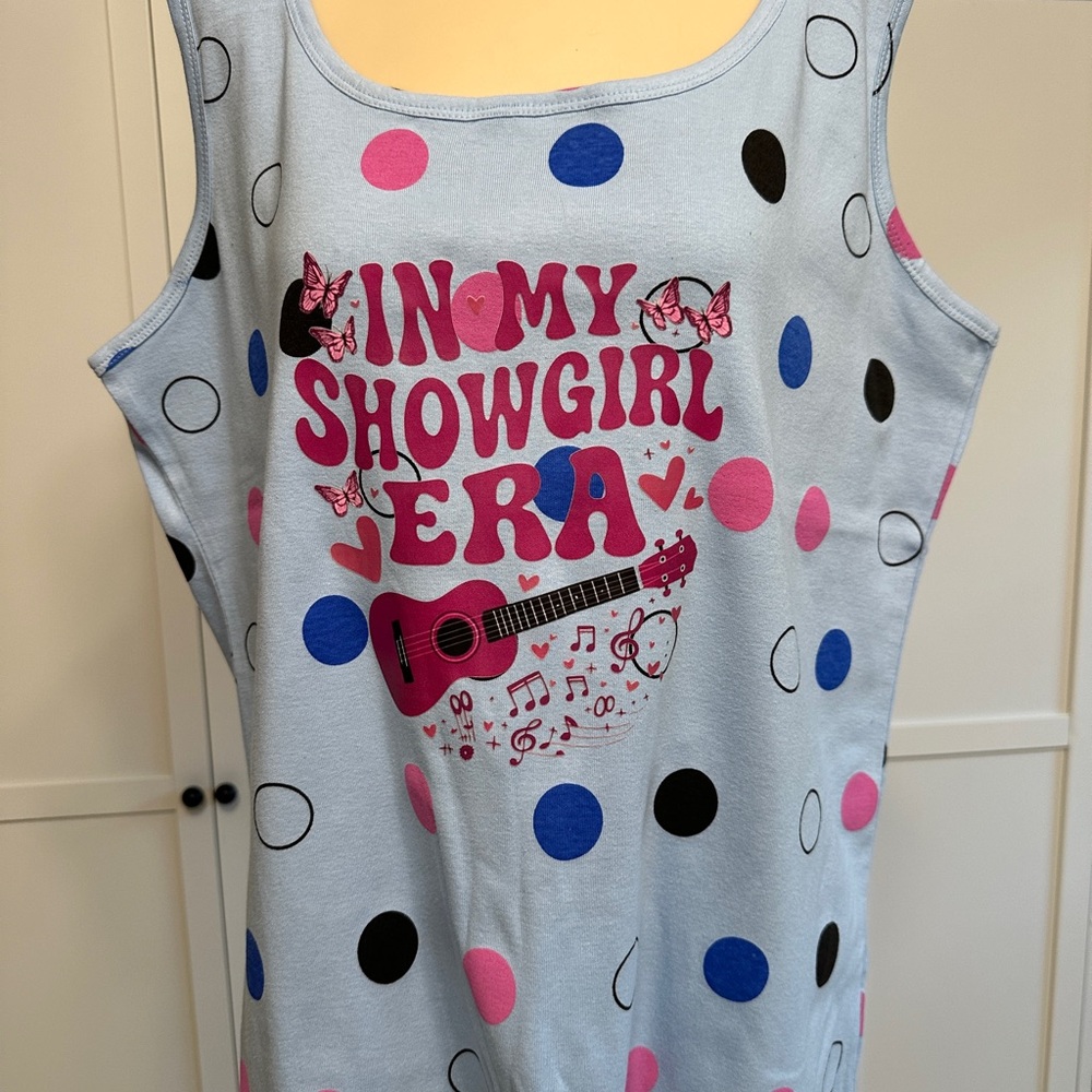 Womens 1X plus Graphic 'In My Showgirl Era' Shirt Pink Blue polka dots Tank Top - Picture 2 of 6